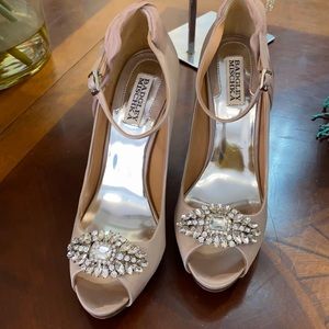 Badgley Mishka blush satin rhinestone heels